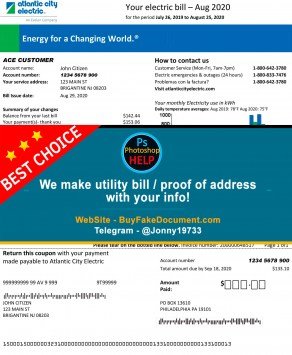 New Jersey Atlantic City Electric utility bill Sample Fake utility bill